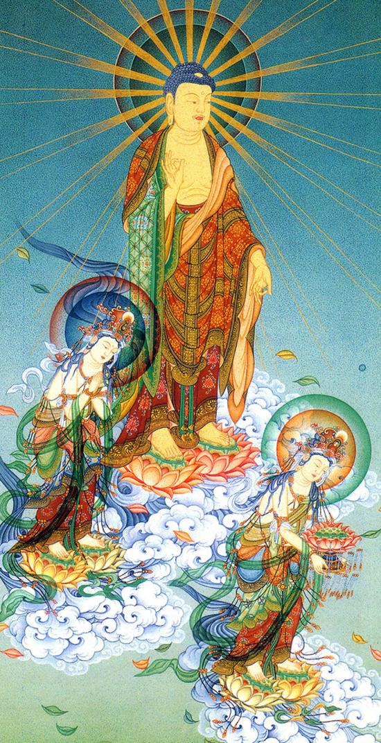 看見如來從空而下，一時光明遍照，全寺都驚奇